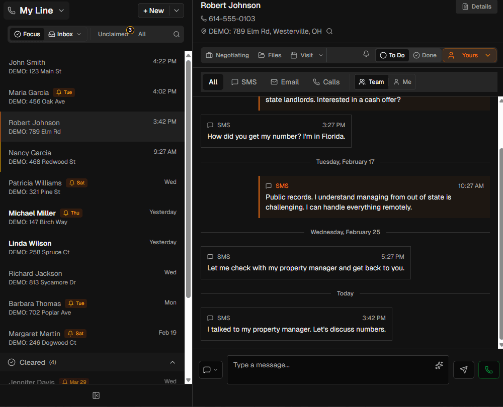Unified inbox showing SMS, email, calls, and notes in one conversation thread
